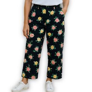 Boden Floral Crop Pants 18 Black Cotton Twill Stretch